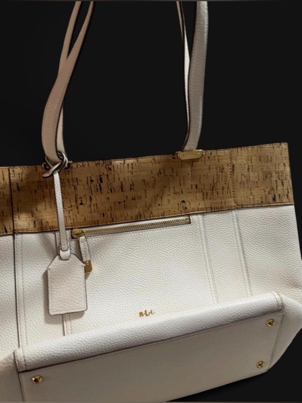 Ralph Lauren White Tote with Cork Trim and Gold Hardware